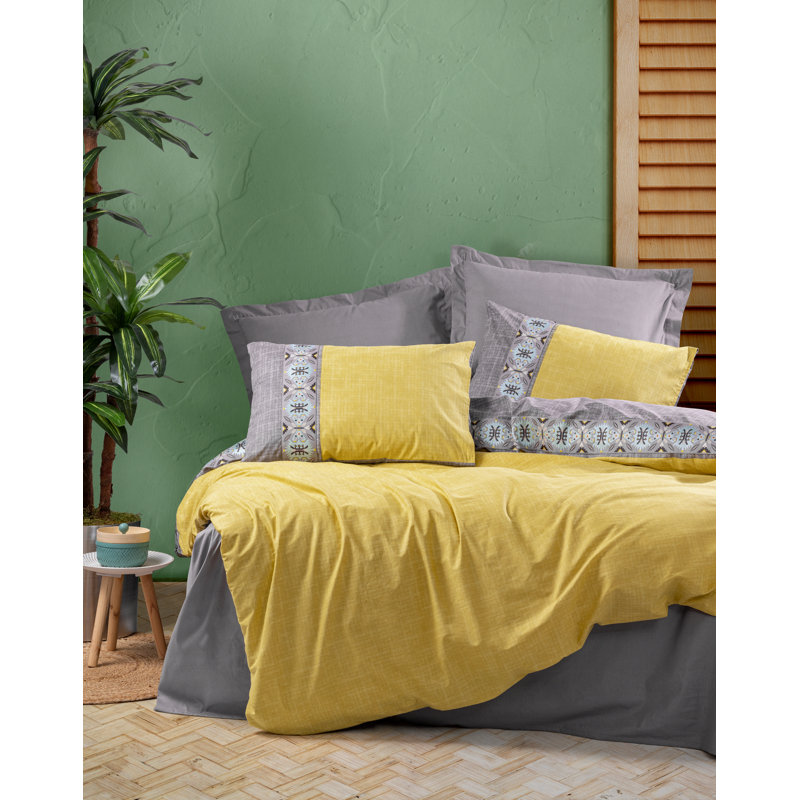 Ensemble de housse de couette 100% coton gris / jaune, Housse de couette 63 "x 87" + 2 pièces supplémen