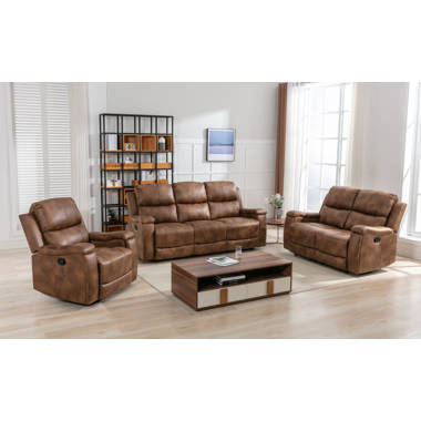 Ilkeston 79 Wide Manual Recliner Sofa Luxurious Cognac Leather with  Integrated Cup Holders Family Comfort