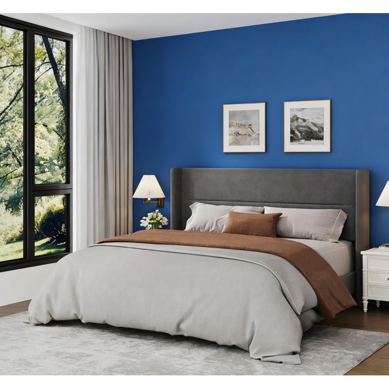 Lit plateforme tapissier en velours, Gris, Grand lit