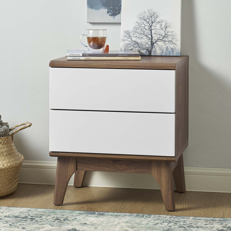 Walnut and White 2-Drawer Nightstand with Tapered Legs