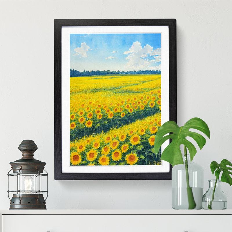 Watercolour Sunflower Field Vol.1 - Framed Print, 64cm H x 46cm W x 2cm D, Oak