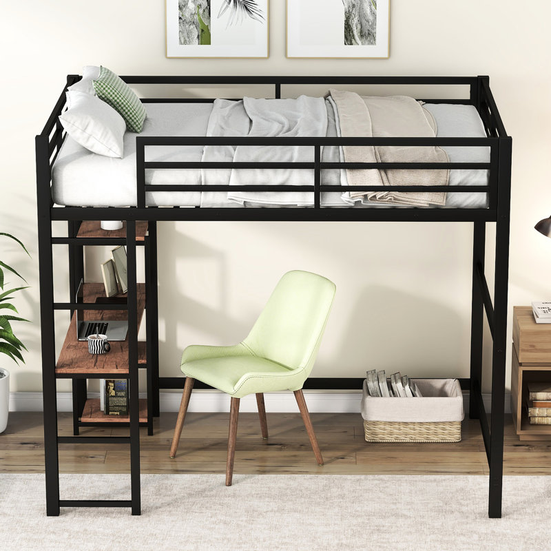 Lit mezzanine en métal noir avec bureau intégré et tablettes - Grand espace de rangement stable et sécuritaire