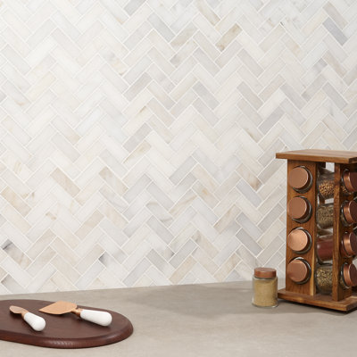 White Jade 11.92 In. X 12.79 In. Herringbone Polished Marble Mosaic Tile (5.3 Sq. Ft. / Case)
