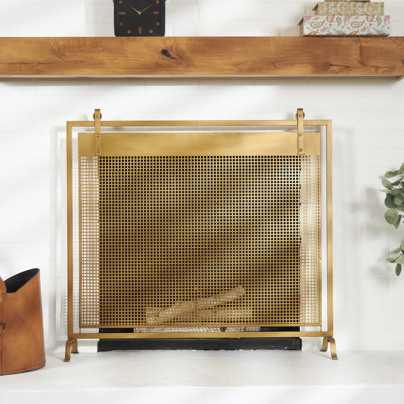 Metal Suspended Grid Single Panel Geometric Fireplace Screen with Bolted Detailing, Gold