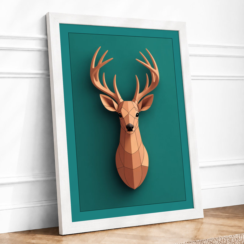 Geometric Deer Mount Modern - Framed Print, A4 - 29.7 x 21.0 cm, White