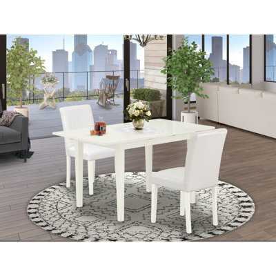 3 Piece Kitchen Table Set Contains a Rectangle Dining Room Table with Butterfly Leaf and 2 White Faux Leather Parson Dining Chairs, Linen White