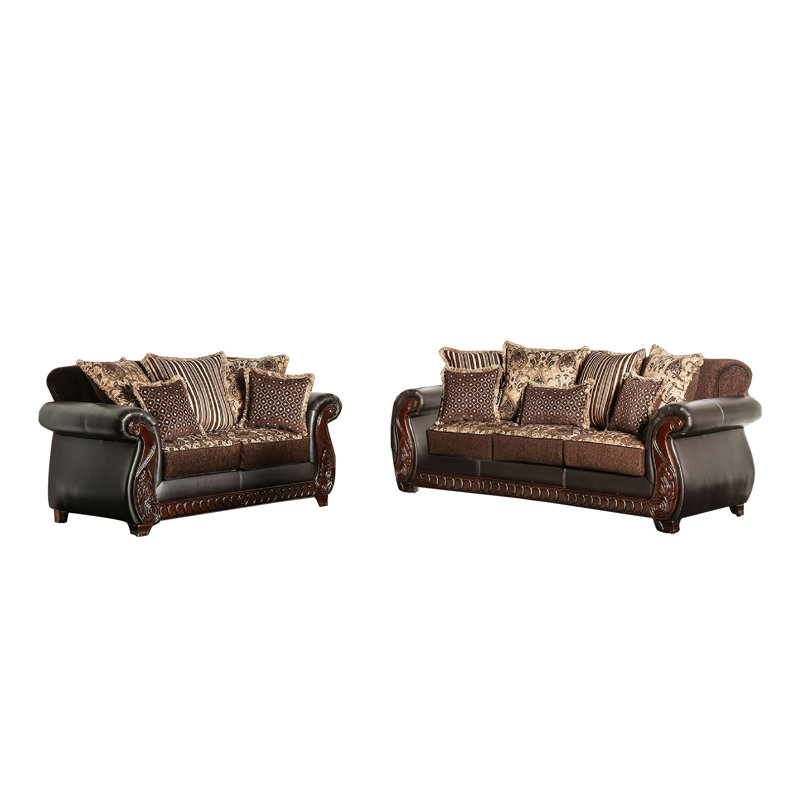 Ensemble de causeuse pour canapé 2 pièces Lenira, similicuir brun, 5 coussins décoratifs, Marron foncé, Marron foncé