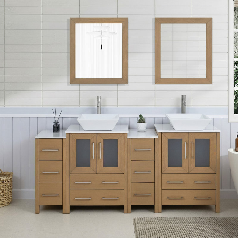  Ensemble de meuble-lavabo double 72 "avec miroir, Chêne naturel