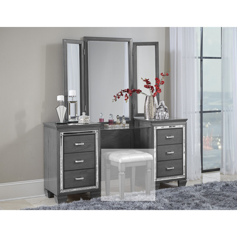 Bureau de coiffeuse avec miroir Malvino, Gris