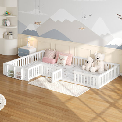 Twin & Full L-Shaped Floor Bed, All-Round Guardrails, Built-in Bookcase & Lockable Safety Gate, White