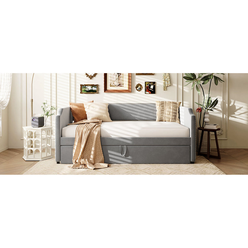 Lit de jour simple avec revêtement gris et lit gigogne, 2 en 1 pour les soirées pyjama, Grey