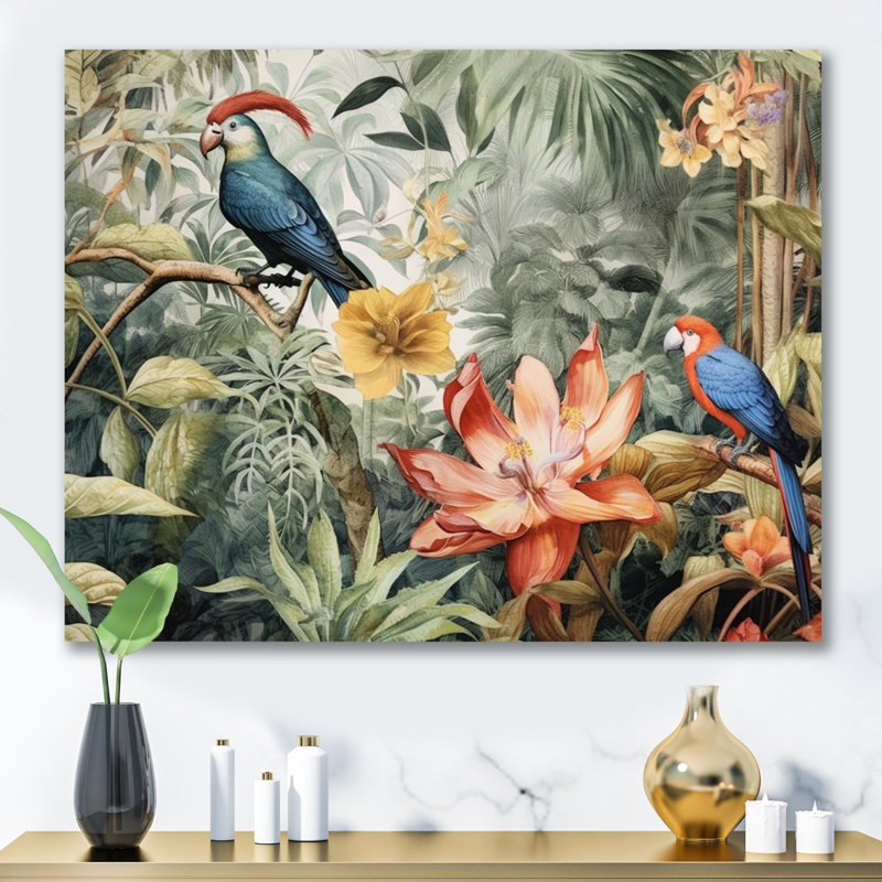 Perroquet au paradis II - Art encadré, H 24 po x l 32 po x P 1 po, Toile tendue