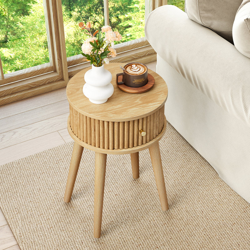 Round End Table with Solid Wood Legs, Natural