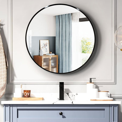 36 Inch Black Round Wall Mirror For Modern Bathroom Decor Concepts - Glass, Rust Aluminum, Added Shatterproof Features 4Mm Hd Aluminum Alloy, Film Protection