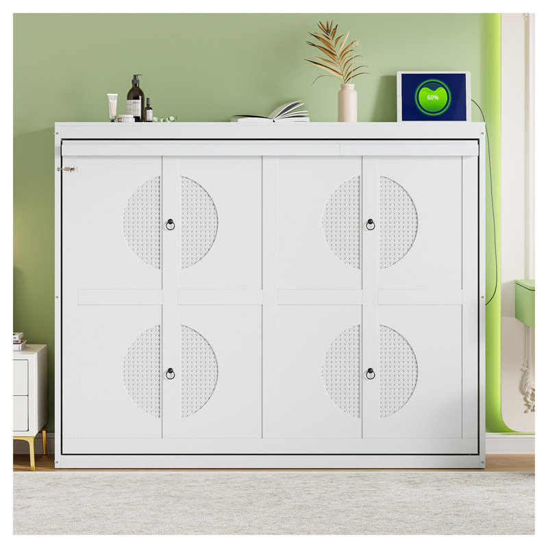 Grand lit escamotable mural avec accents en rotin - Armoire compacte blanche pour bureau à domicile et chambre d'amis