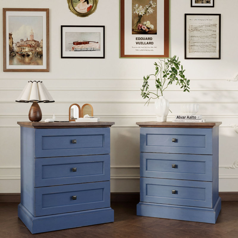 Ensemble de 2 tables de chevet bleues avec station de charge, 2, Blue
