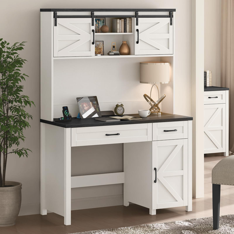 Farmhouse 47" Desk With 3 Drawers, Black/White