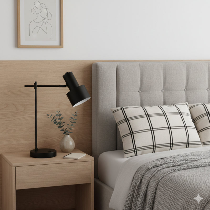 Lighting, H 21 po, lampe de table, port USB inclus, métal noir, abat-jour noir, moderne