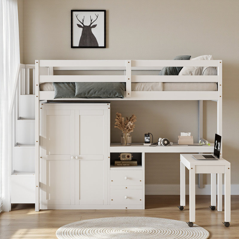 Loft Bed, Space-Saving Study Hub, Two Desk, Bookcase & Wardrobe Storage, Contemporary, Kids & Teens Room, White, Full