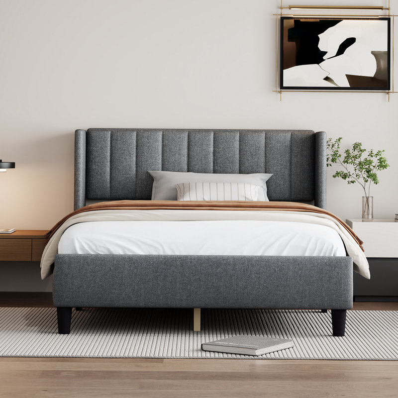 Hudayfi Upholstered Platform Bed, Light Gray, Queen