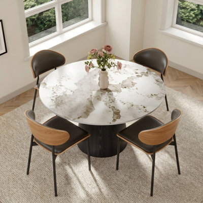 5Pcs Modern Pedestal Round Dining Kitchen Table With Metal Upholstered Chairs