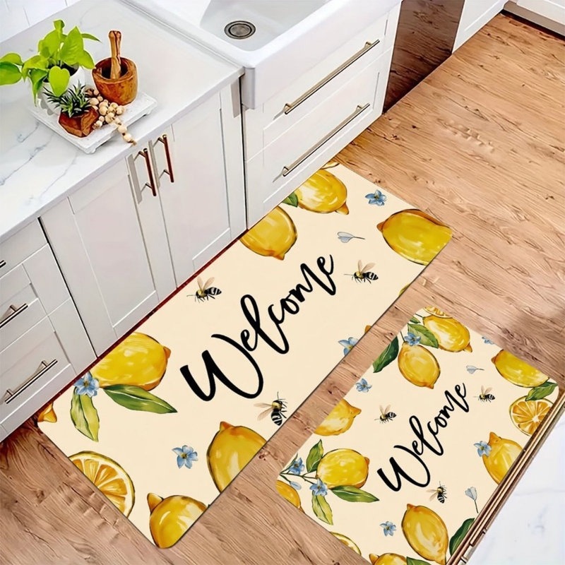 Tapis d'entrée pour la cuisine Lemon Bee Welcome, 2 pièces, jaune beige