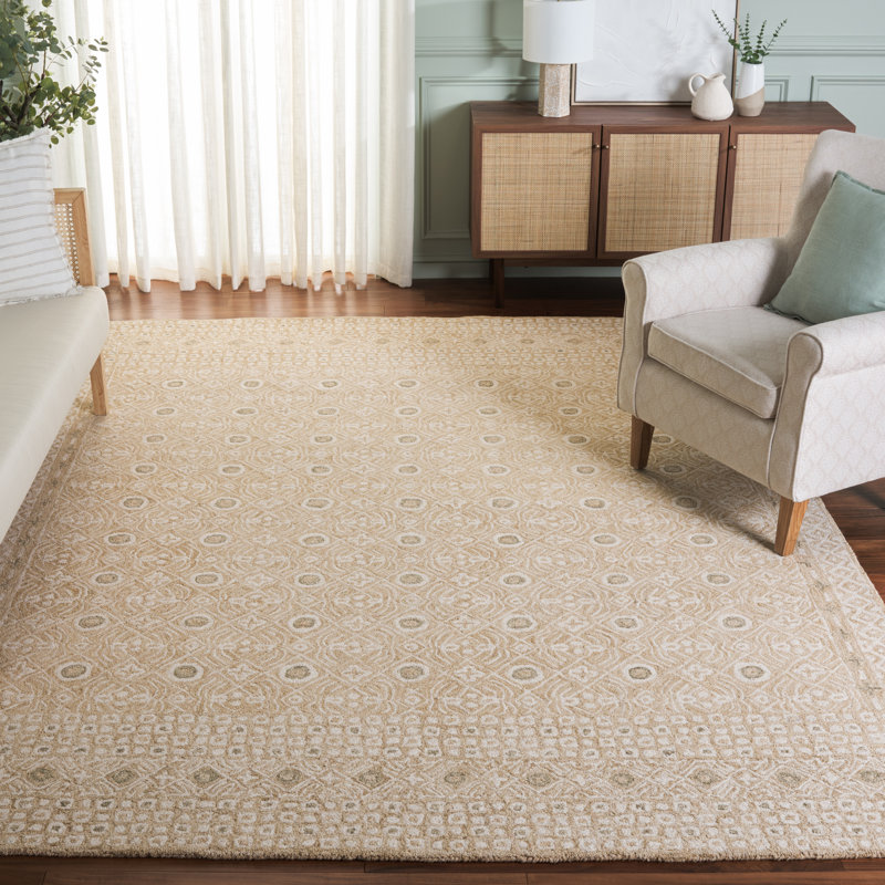 Melindasue Hand Tufted Wool/Cotton Geometric Rug in Gold/Ivory, Rectangle 8' x 10'