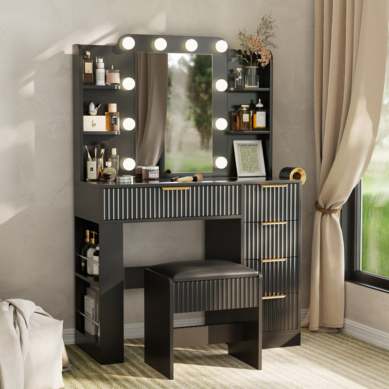 Vanity Table With Mirror And Lights, Vanity Desk And Cushioned Stool Set With Charging Station, Storage Drawers And Transparent Tabletop For Women  Bedroom