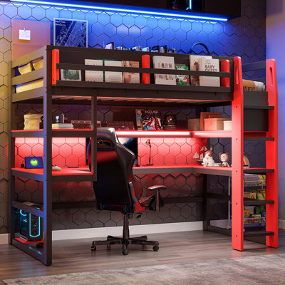 Lit mezzanine simple en bois avec bureau, support de rangement latéral
