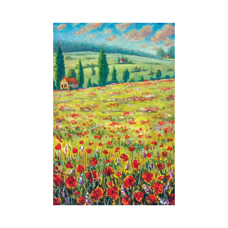 High Cypresses, Field Of Red Poppies, Old Village Houses, Road, Mountains And Blue Sky by Valery Rybakow - Wrapped Canvas Painting