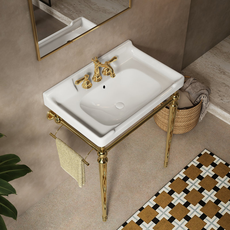 28" Wall - Mounted Bathroom Sink, White Ceramic Vanity, 3 Pre Drilled Faucet Holes, Gold Colored, Stainless Steel Legs And Towel Bar, High Performance, Scratch , Easy To Clean, No Standard Sized