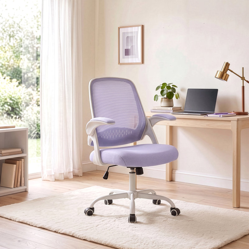 Chaise de bureau ergonomique compacte avec accoudoirs rabattables Nahjee, Mauve, Acier