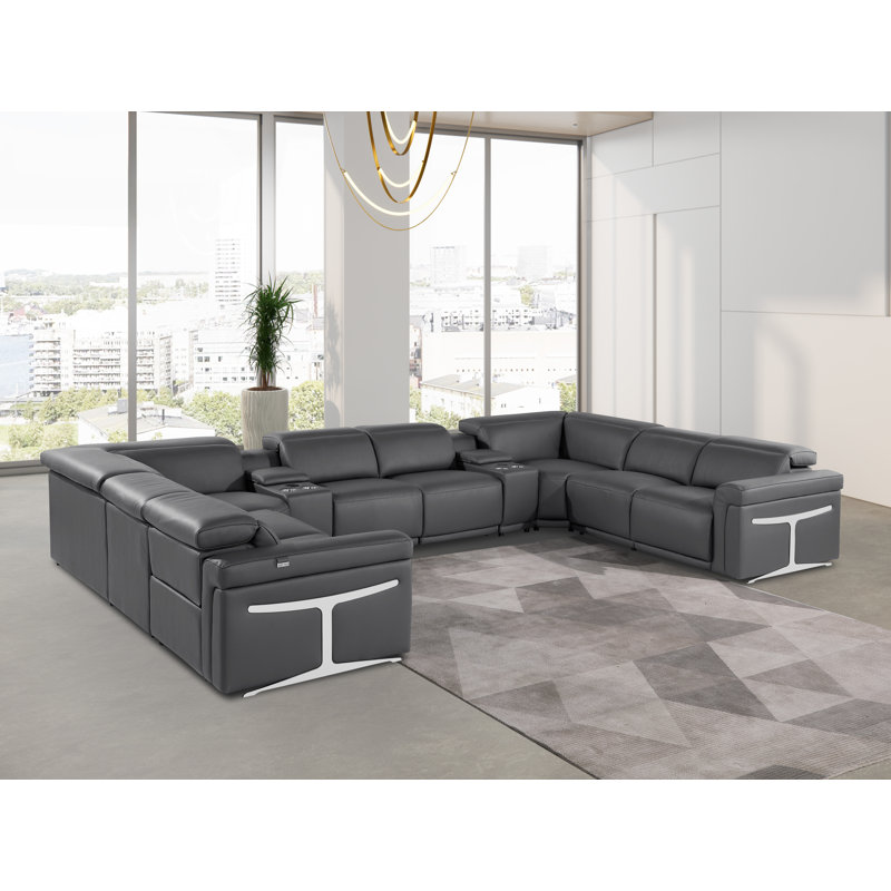 Stanwinn 10 – Piece 4 Power Reclining Top Grain Italian Leather Sectional with Power Headrest, Dark Gray Genuine Leather