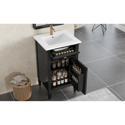 Meuble-lavabo noir de 50 cm avec lavabo, pieds en bois massif, tiroir inclinable, étagère réglable, poignées en alliage de zinc, charnières à fermeture douce, style moderne autoportant pour petits espaces et salles de bain compactes.