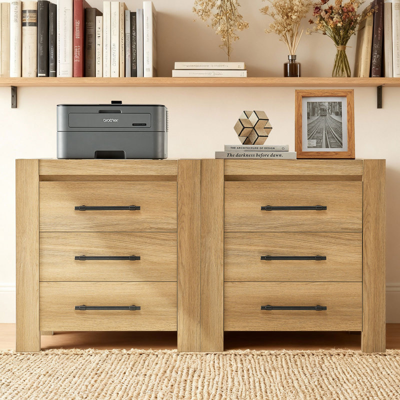 Tables de chevet de 24 po de hauteur avec trois tiroirs, ensemble de 2, Naturel