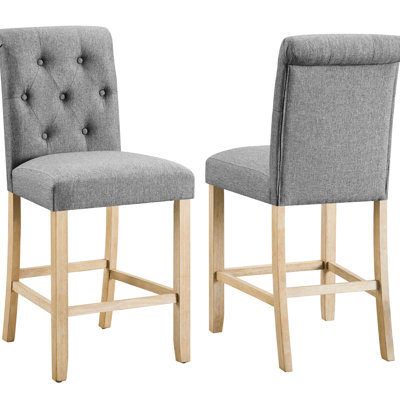 2 tabourets de comptoir, dossier à boutons gris et siège rembourré en bois pour la salle à manger et la cuisine, dossier 2 pièces, base solide, pour