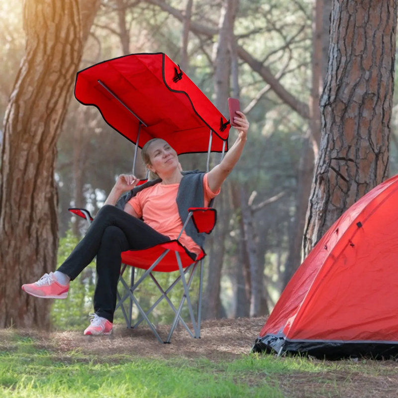 Foldable Beach Canopy Chair With Sun Protection, Heavy Duty 600d Oxford Camping Chair Holds 330lbs, Padded Armrest Cup Holder For Outdoor Lawn Pool