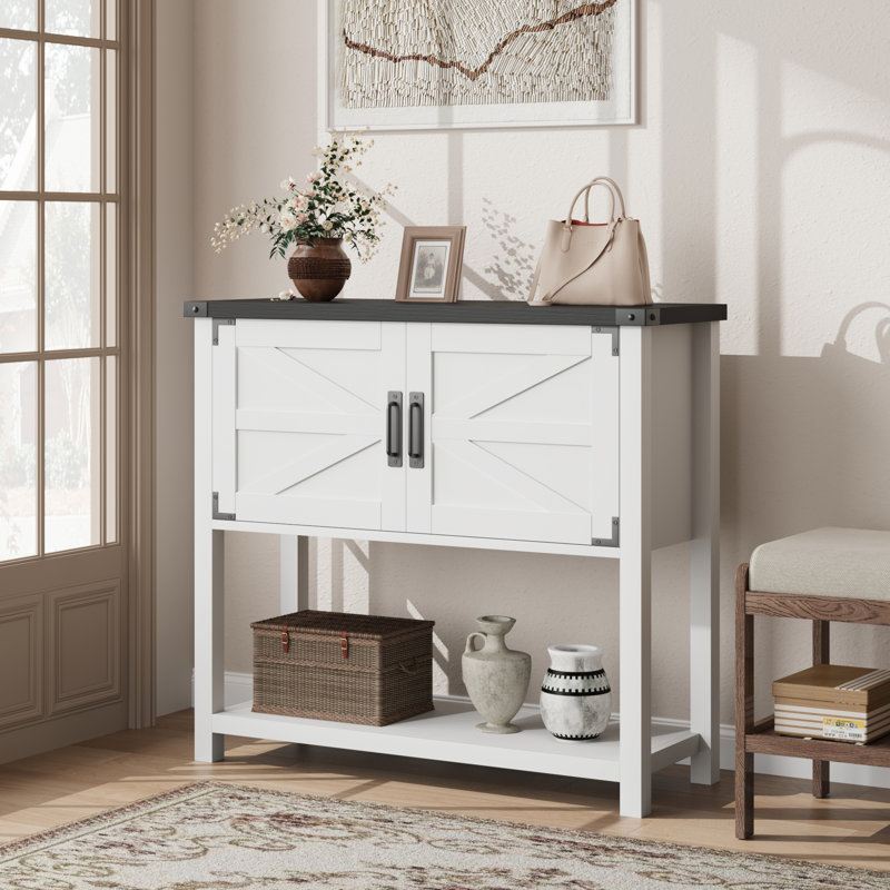 Bar ferme Farmhouse avec portes doubles, tablette ouverte et armoires de rangement, Blanc