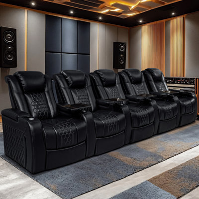 5 Pieces Genuine Leather Home Theater Chair, Black