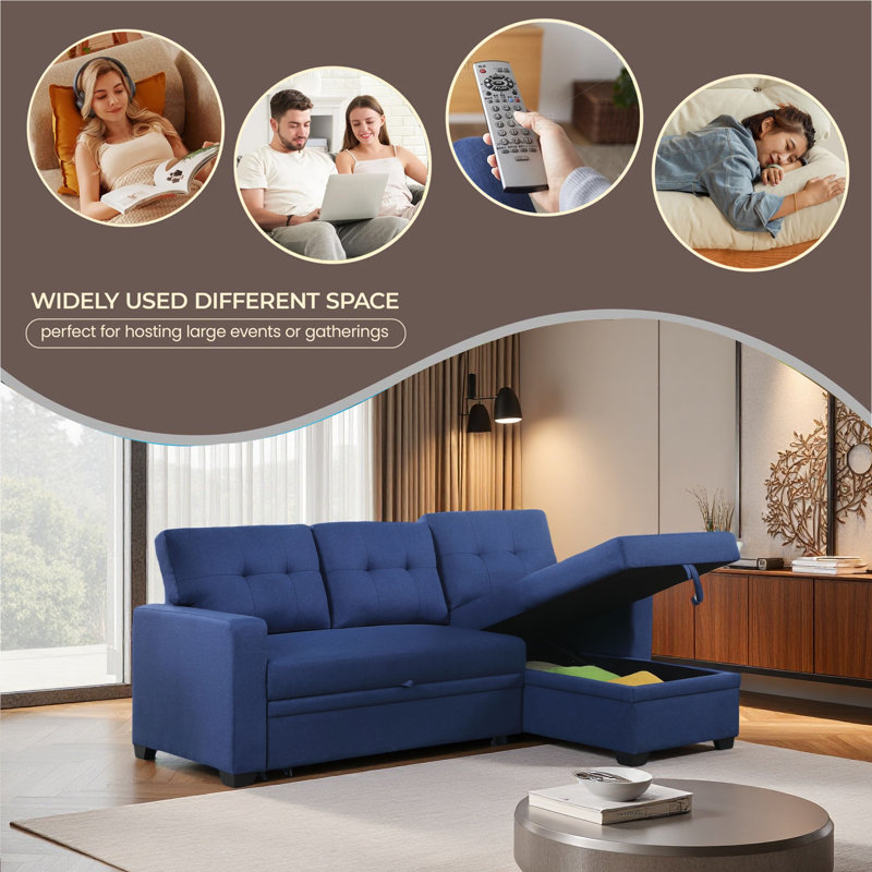 Upholstered Pull Out Sectional Sofa With Chaise, Blue Linen
