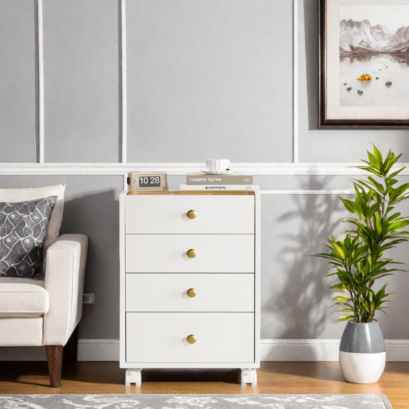 Modern 4-Drawer Dresser Cabinet with Glass Top Jewelry Display, Rolling Storage Unit with Lockable Casters for Bedroom or Living Room