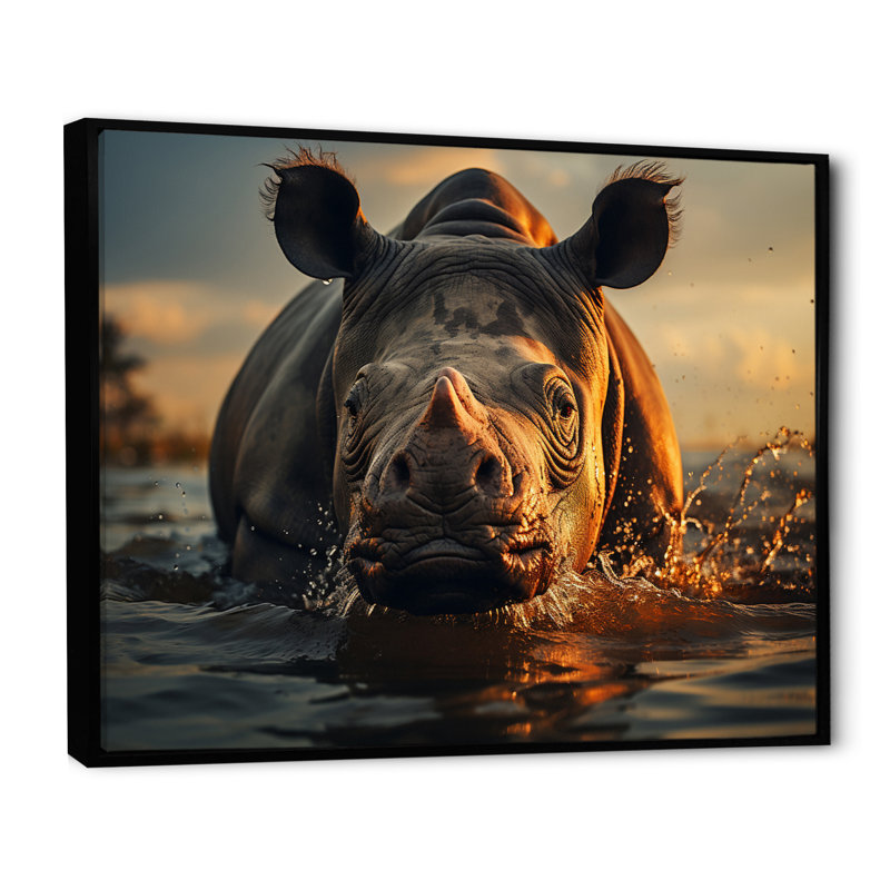 «Wild Rhino In The Water Wildlife» sur toile, H 30 po x l 40 po x P 1,5 po, Cadre flottant noir
