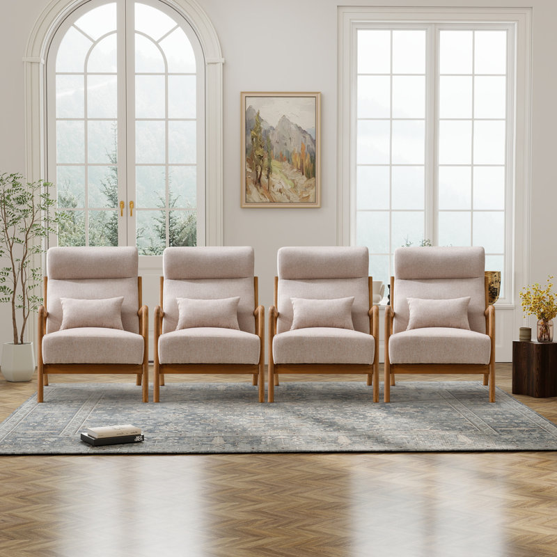 Cashel 26'' Wide Transitional Traditional Upholstered Accent Chair with Lumbar Pillow(Set of 4), Beige Linen