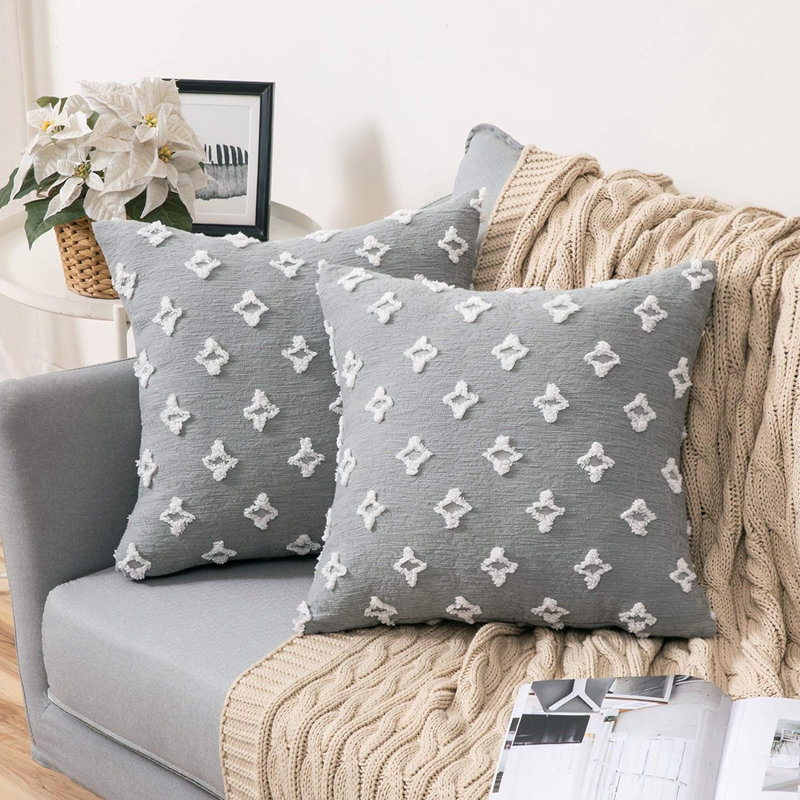 (Covers Only) Set of Two 2 Sizes White Embroidered Diamond Throw Pillow Covers, 20"H x 20"W, Beige
