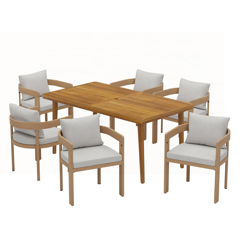 Ensemble repas d'extérieur 7 pièces avec 6 chaises, coussins et table en bois d'acacia pour l'extérieur, Gris