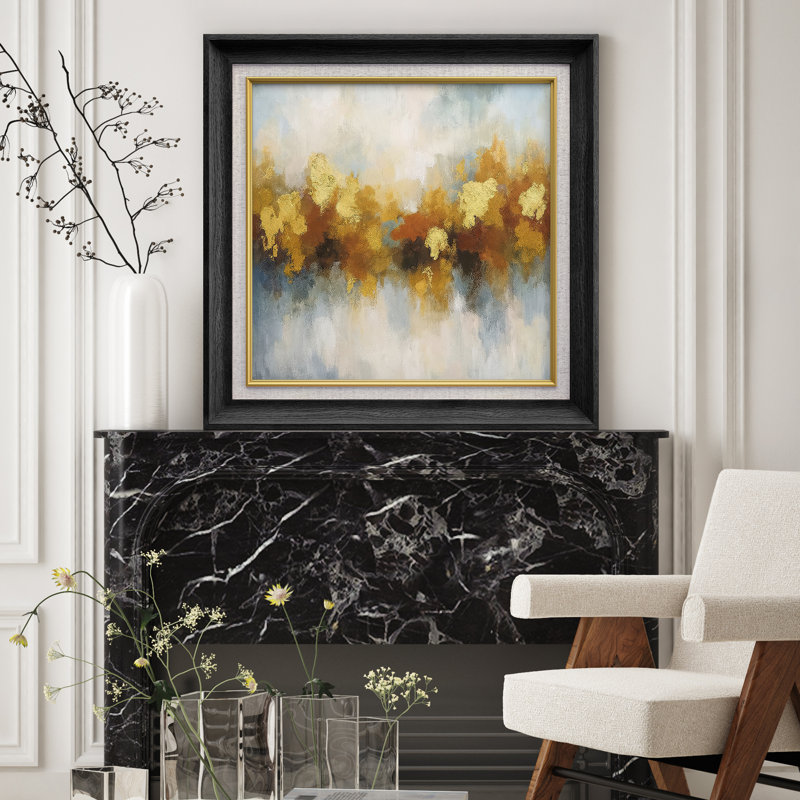 «Golden Autumn Abstract with Reflective Center», reproduction d'art encadrée sur papier, H 26 po x l 26 po x P 1,5 po