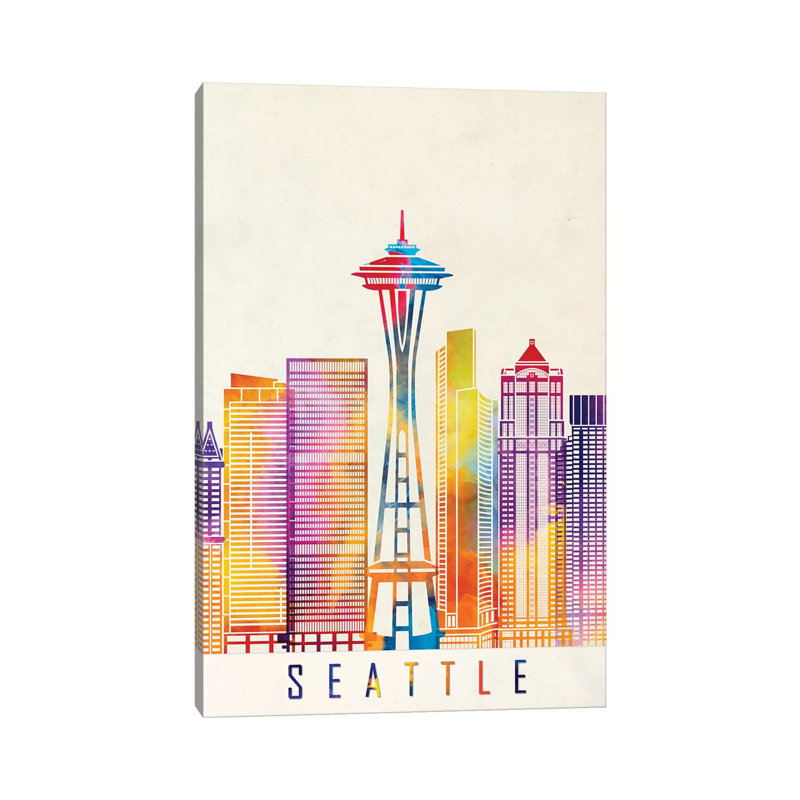 Seattle Landmarks Watercolour by Paul Rommer - Wrapped Canvas Painting, 101.6cm H x 66.04cm W x 1.91cm D