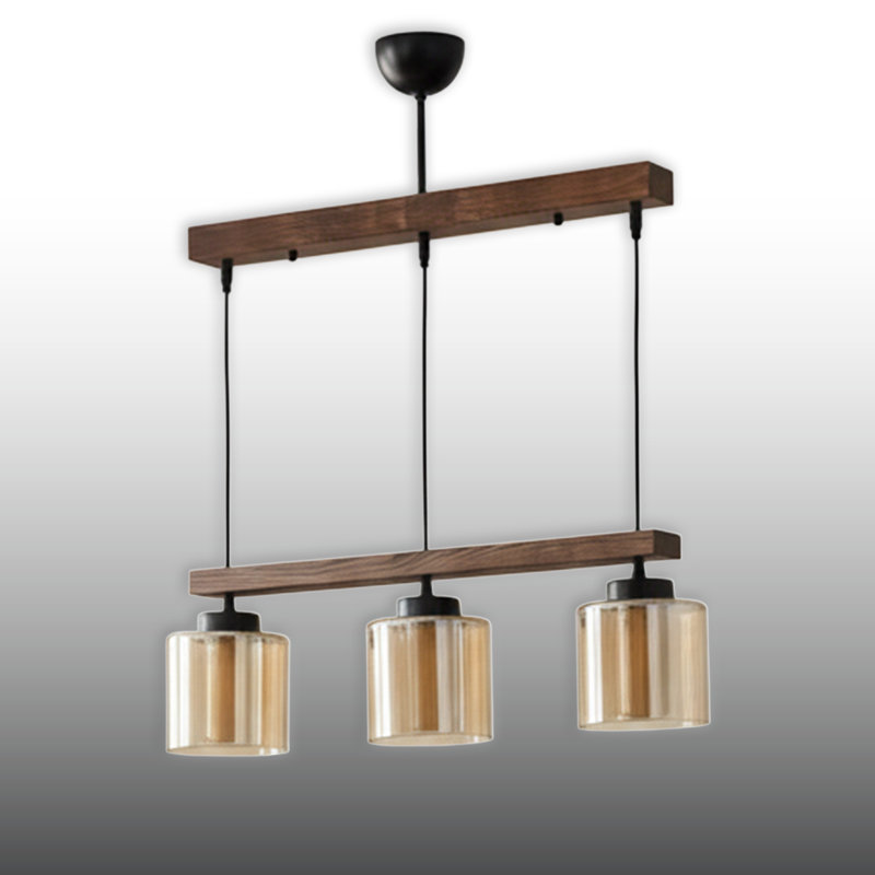 Luminaire suspendu linéaire en bois avec abat-jour en verre à hauteur réglable 3 lumières Larkspur, Brun
