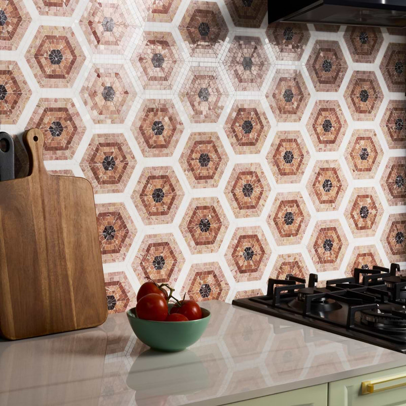 Ako 6" Hexagon Marble Micro Mosaic Tile, Terracotta Rosa