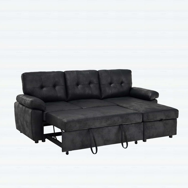 Canapé-lit modulaire convertible en L 88,5 pouces avec méridienne et rangement avec accoudoirs rembourrés, Black Fabric